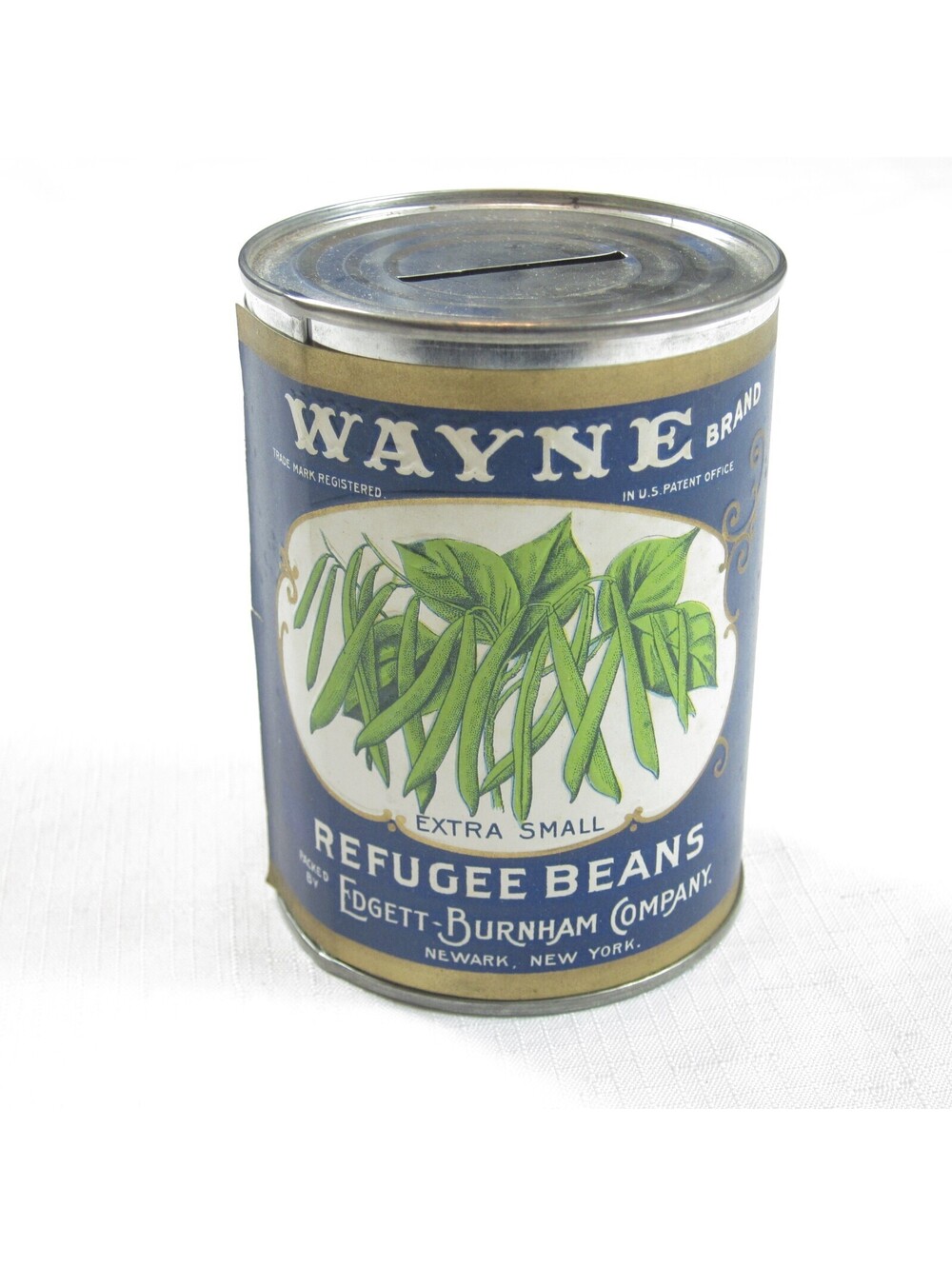 Vintage Tin Can Coin Bank Wayne Brand Refugee Beans Edgett-Burnham Co Newark NY